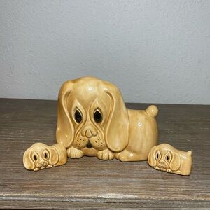 Basset Hound Dog Figurines Mom Puppies Ceramic Vintage Brown Set of 3 Collection
